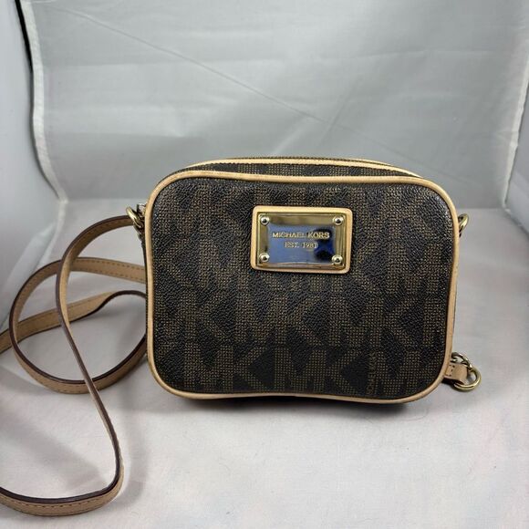 Michael Kors Handbags - MICHAEL KORS Brown Logo Crossbody Bag with Gold-Tone Hardware
